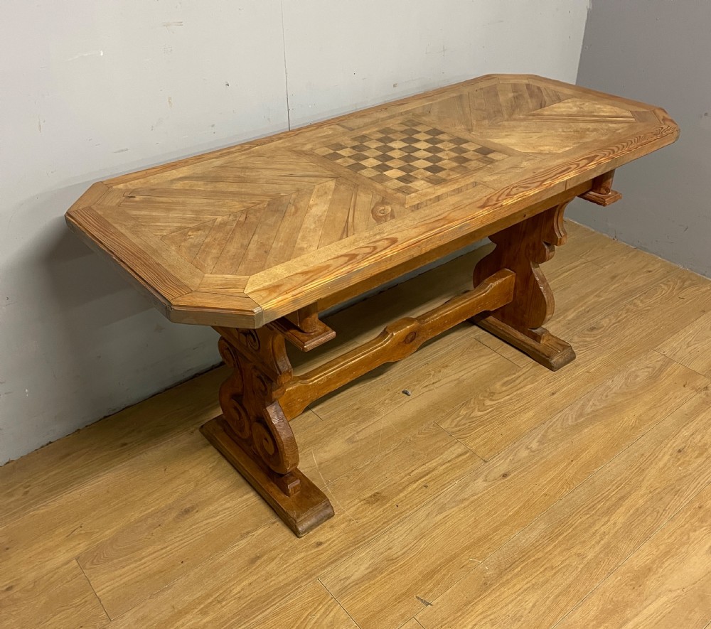 Arts and Crafts parquetry and carved  pine table with central chess board top View III