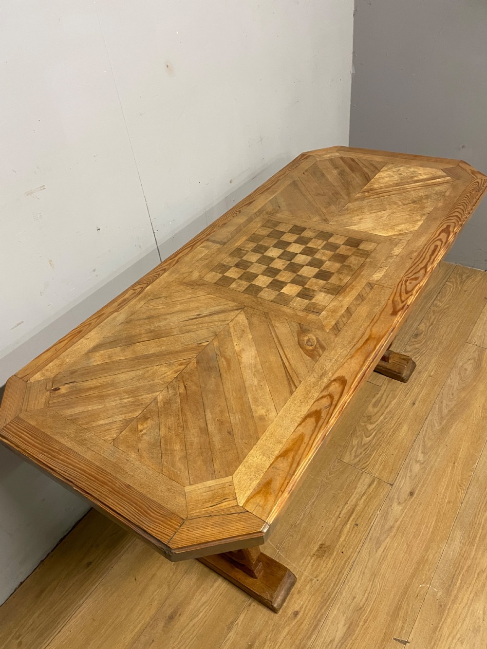 Arts and Crafts parquetry and carved  pine table with central chess board top View IV