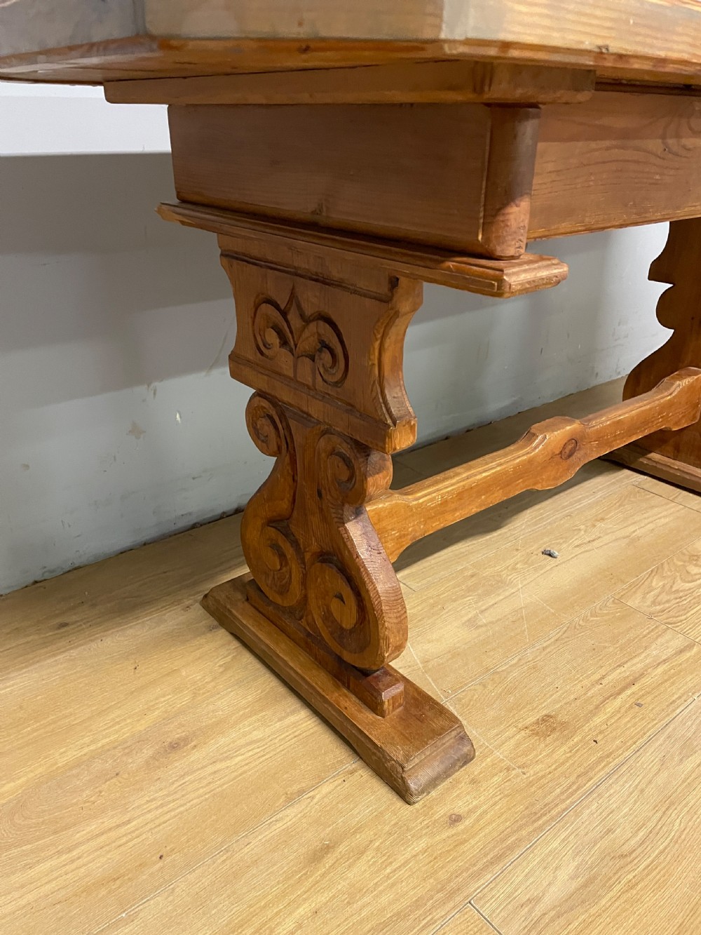 Arts and Crafts parquetry and carved  pine table with central chess board top View V