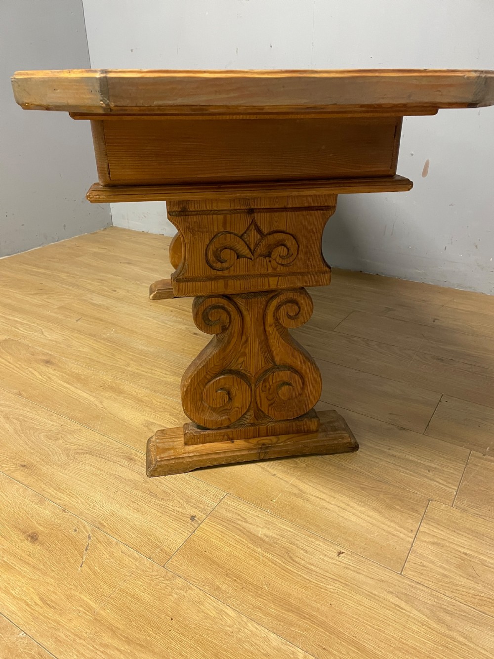 Arts and Crafts parquetry and carved  pine table with central chess board top View X