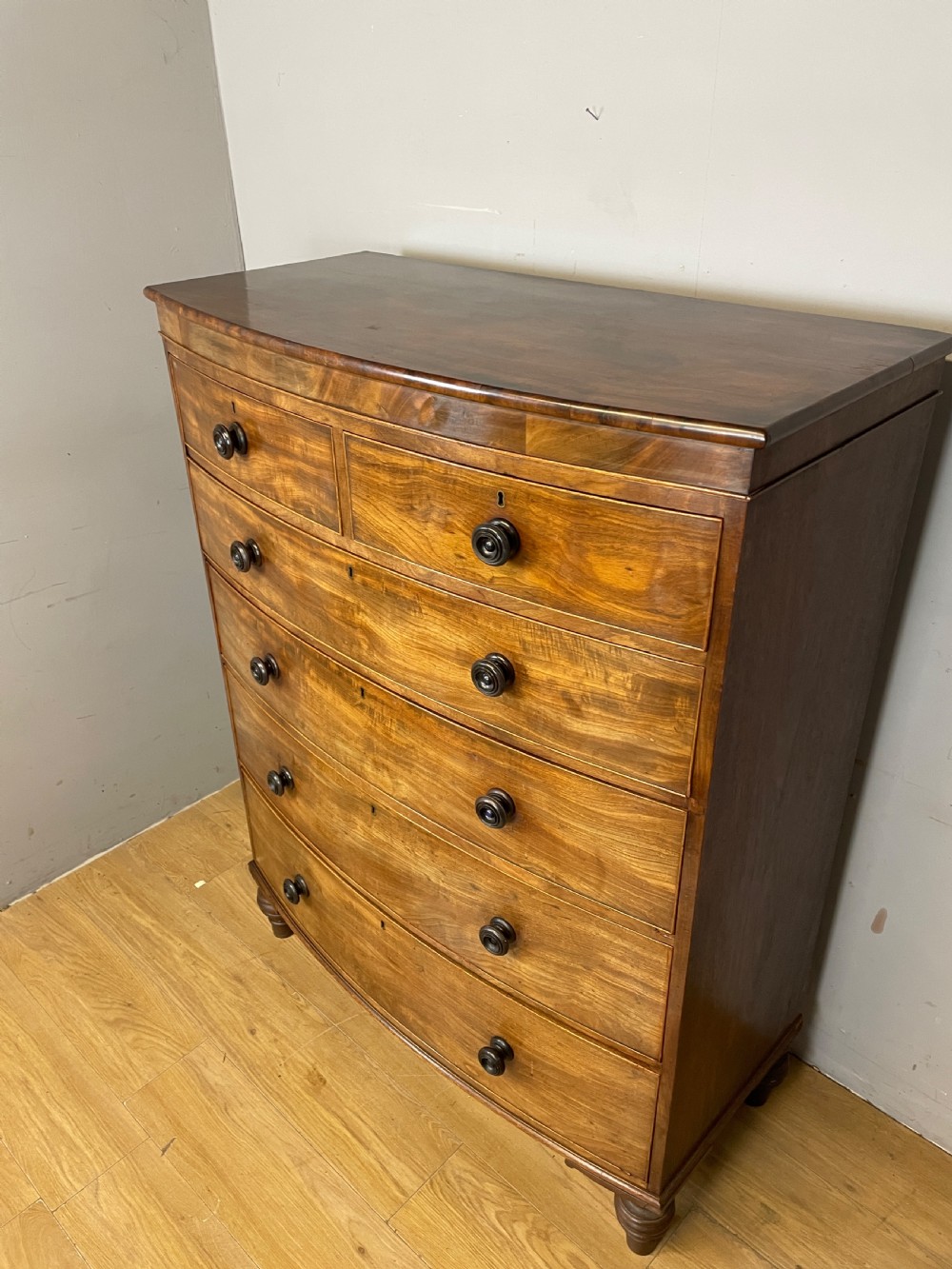 C19TH five height flame mahogany bow front chest of drawers  View XIV