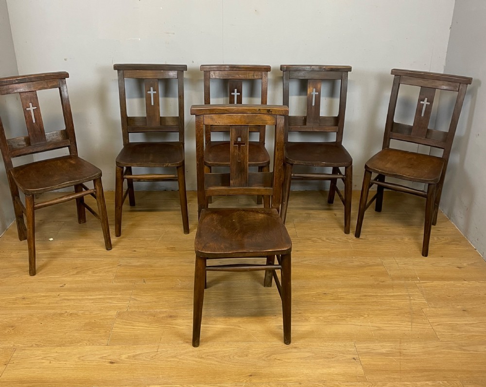 Set of six C19TH elm seated chapel chairs 