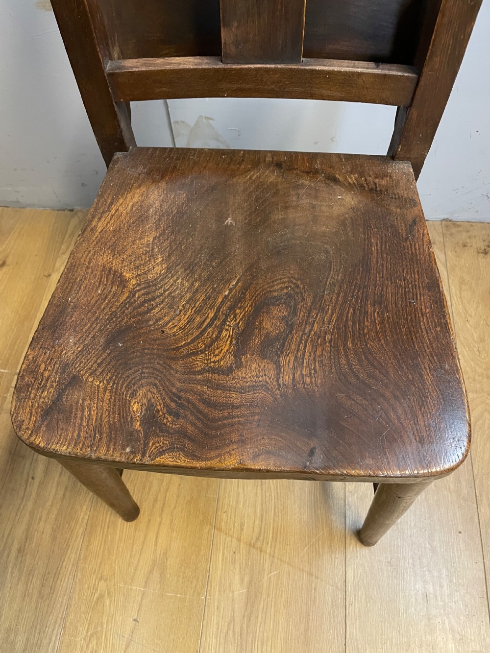 Set of six C19TH elm seated chapel chairs  View II