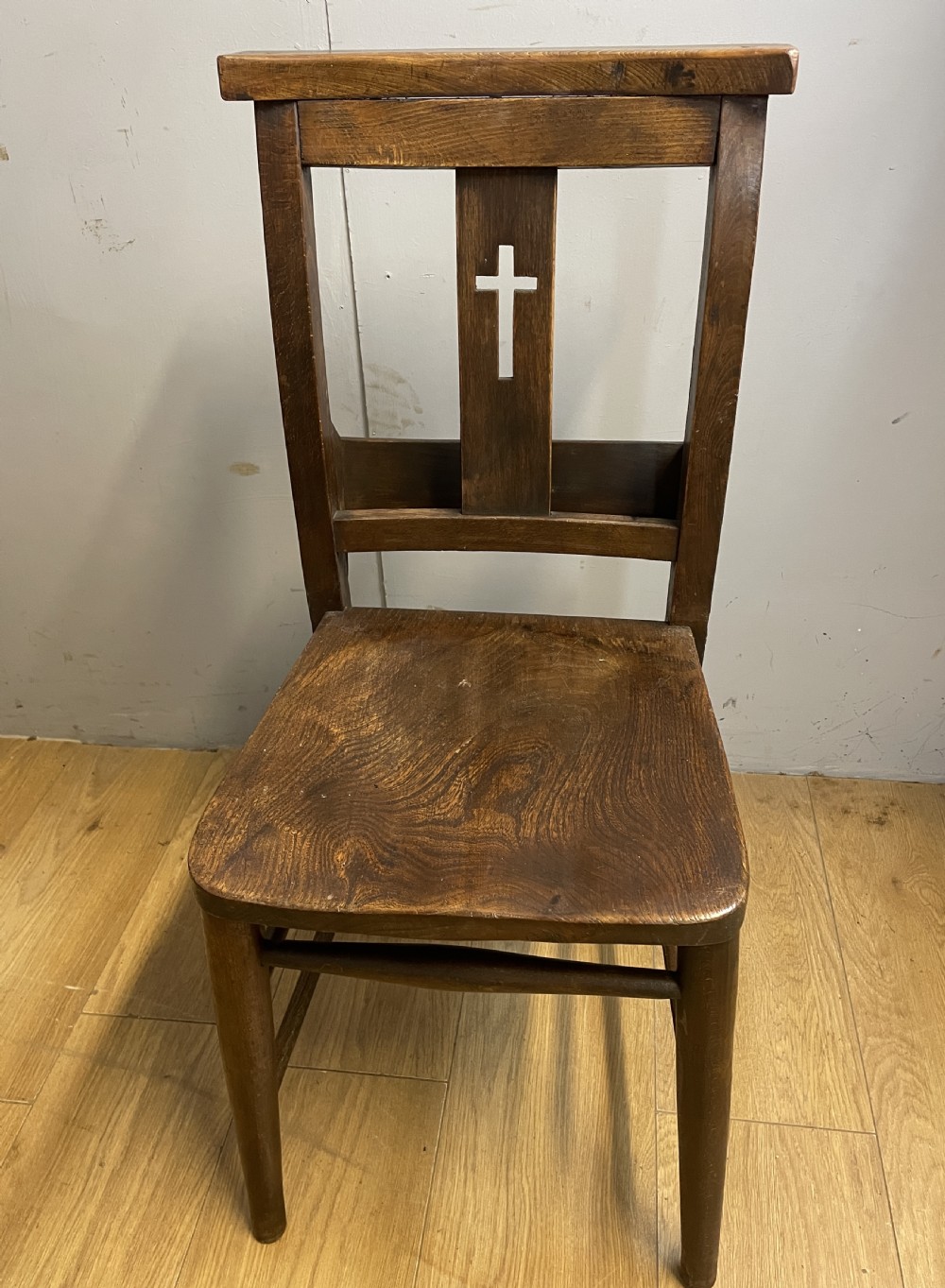 Set of six C19TH elm seated chapel chairs  View III