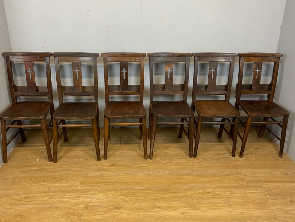 Set of six C19TH elm seated chapel chairs  View V