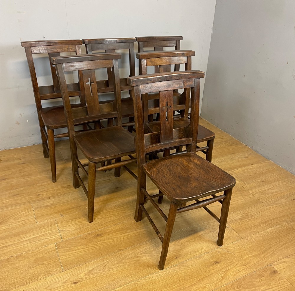 Set of six C19TH elm seated chapel chairs  View VIII