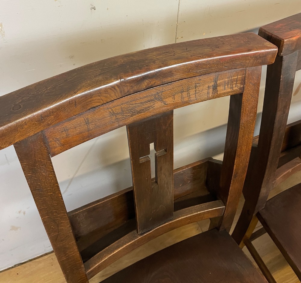 Set of six C19TH elm seated chapel chairs  View X