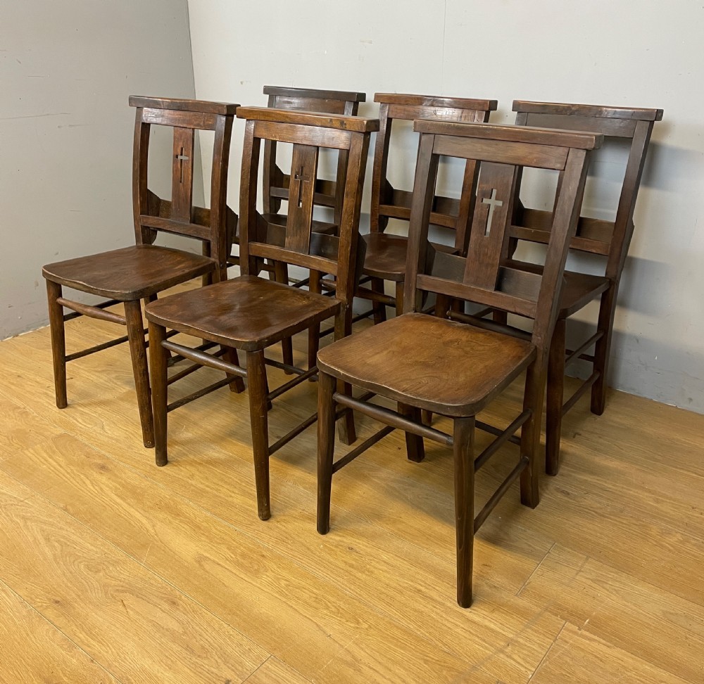 Set of six C19TH elm seated chapel chairs  View XI
