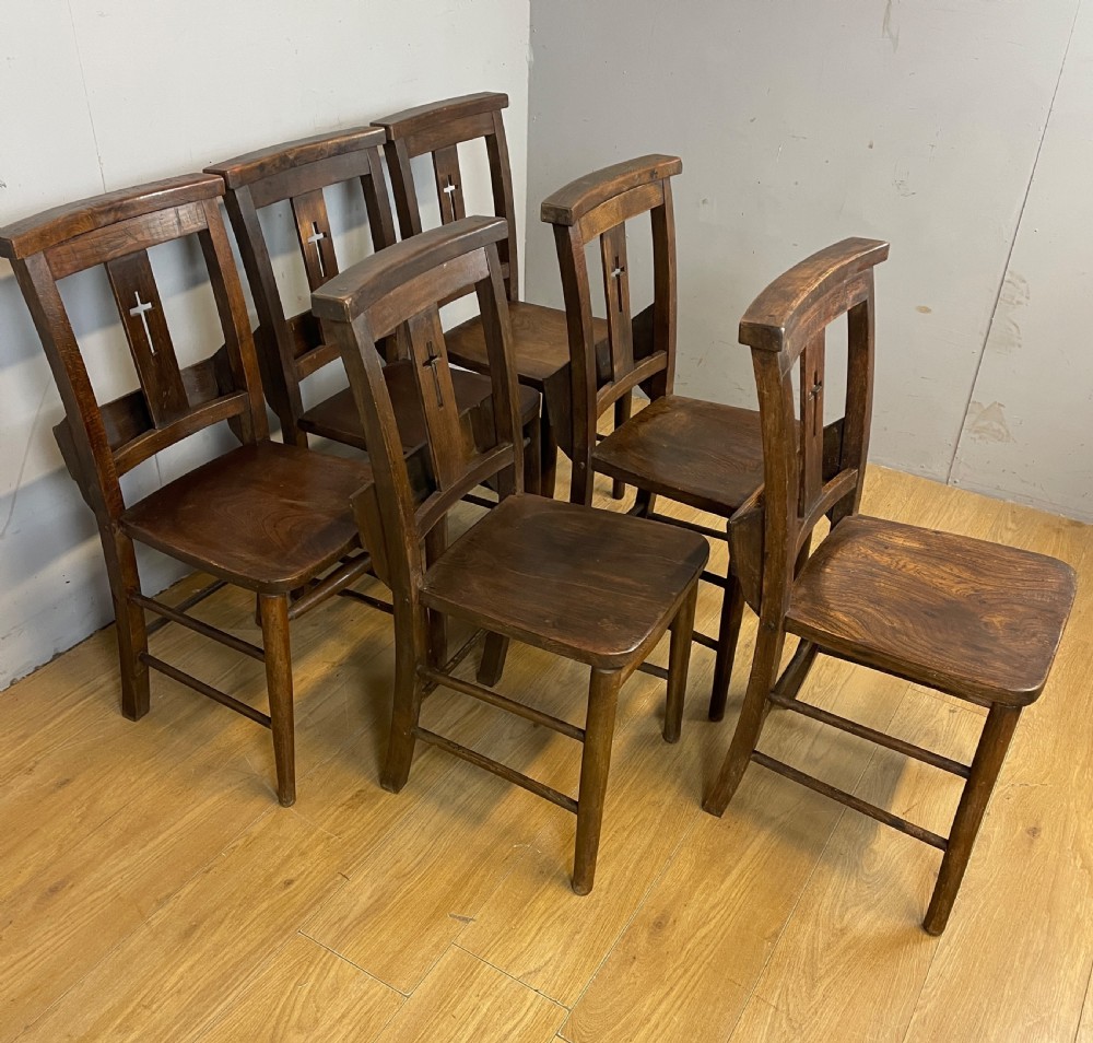 Set of six C19TH elm seated chapel chairs  View XII