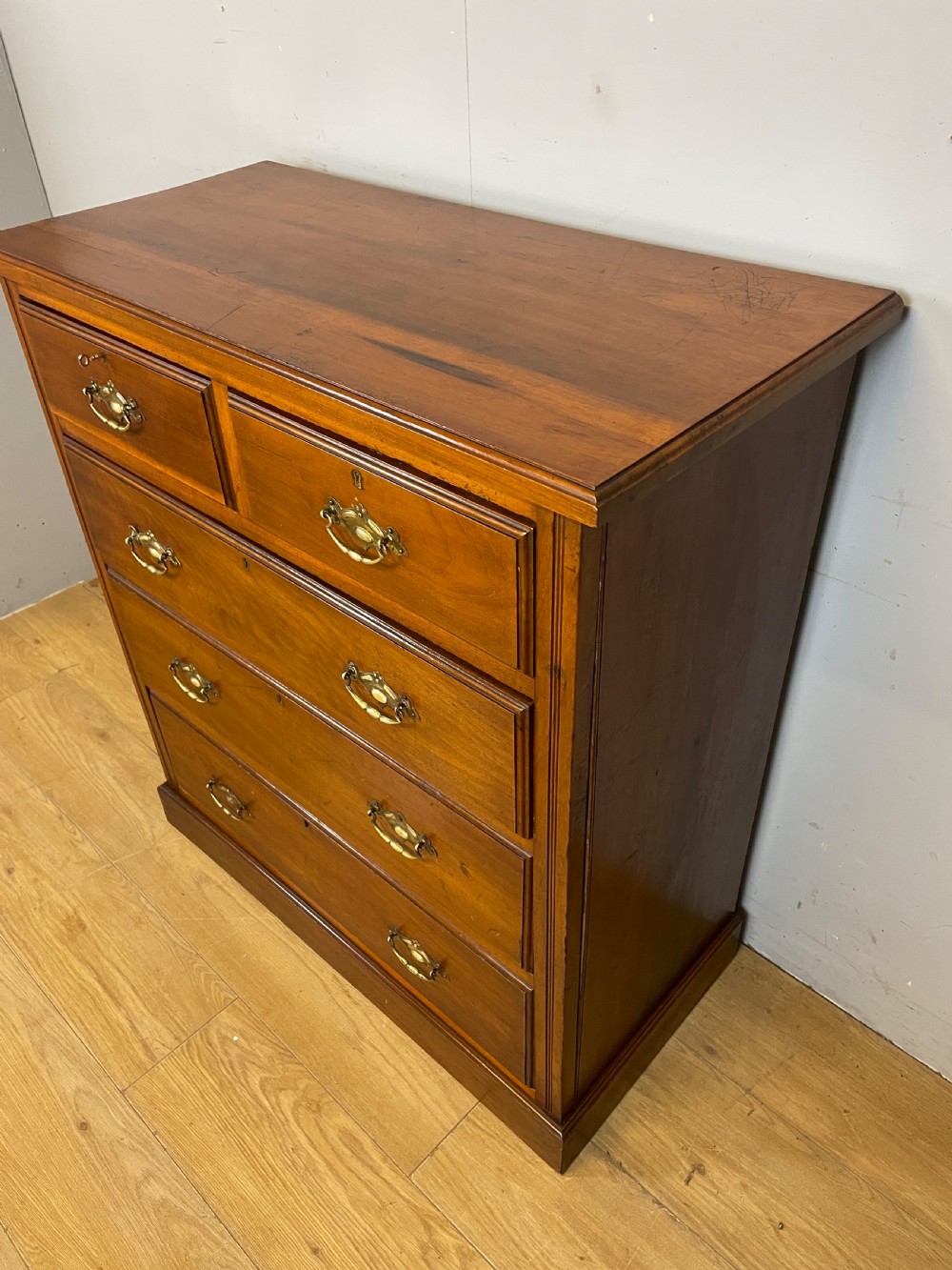 Late C19TH walnut four height chest of drawers with solid brass handles  View IV
