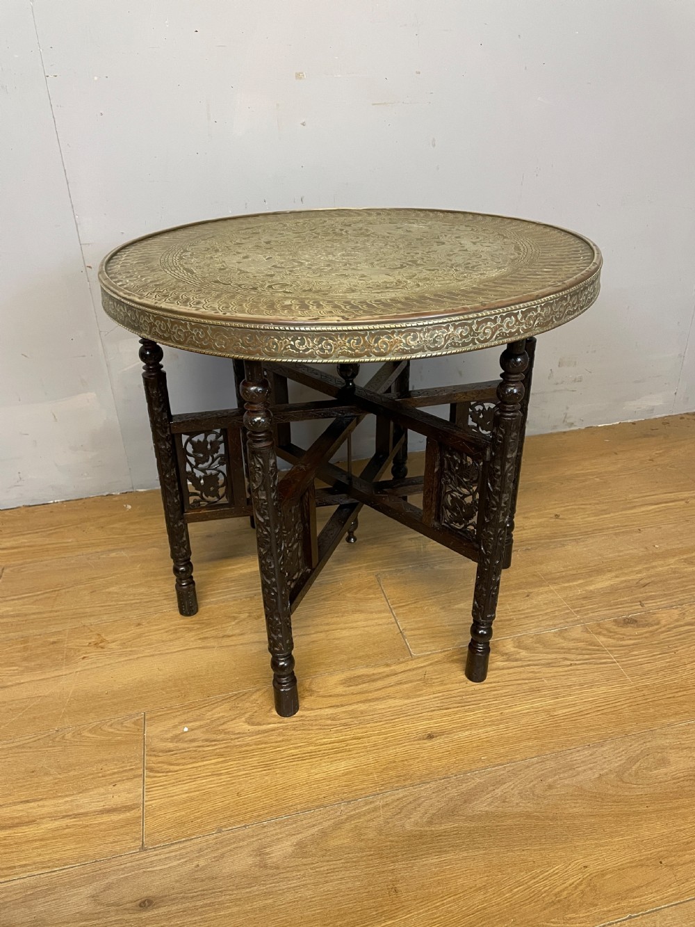 Indian brass and carved hardwood folding table circa 1920 View II