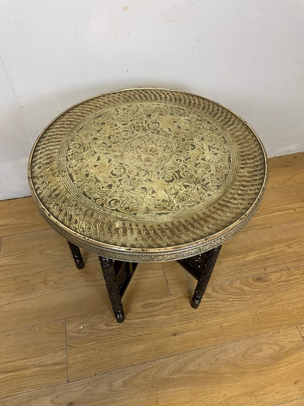 Indian brass and carved hardwood folding table circa 1920 View III