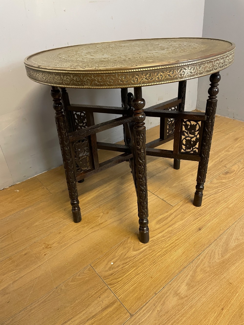 Indian brass and carved hardwood folding table circa 1920 View IV