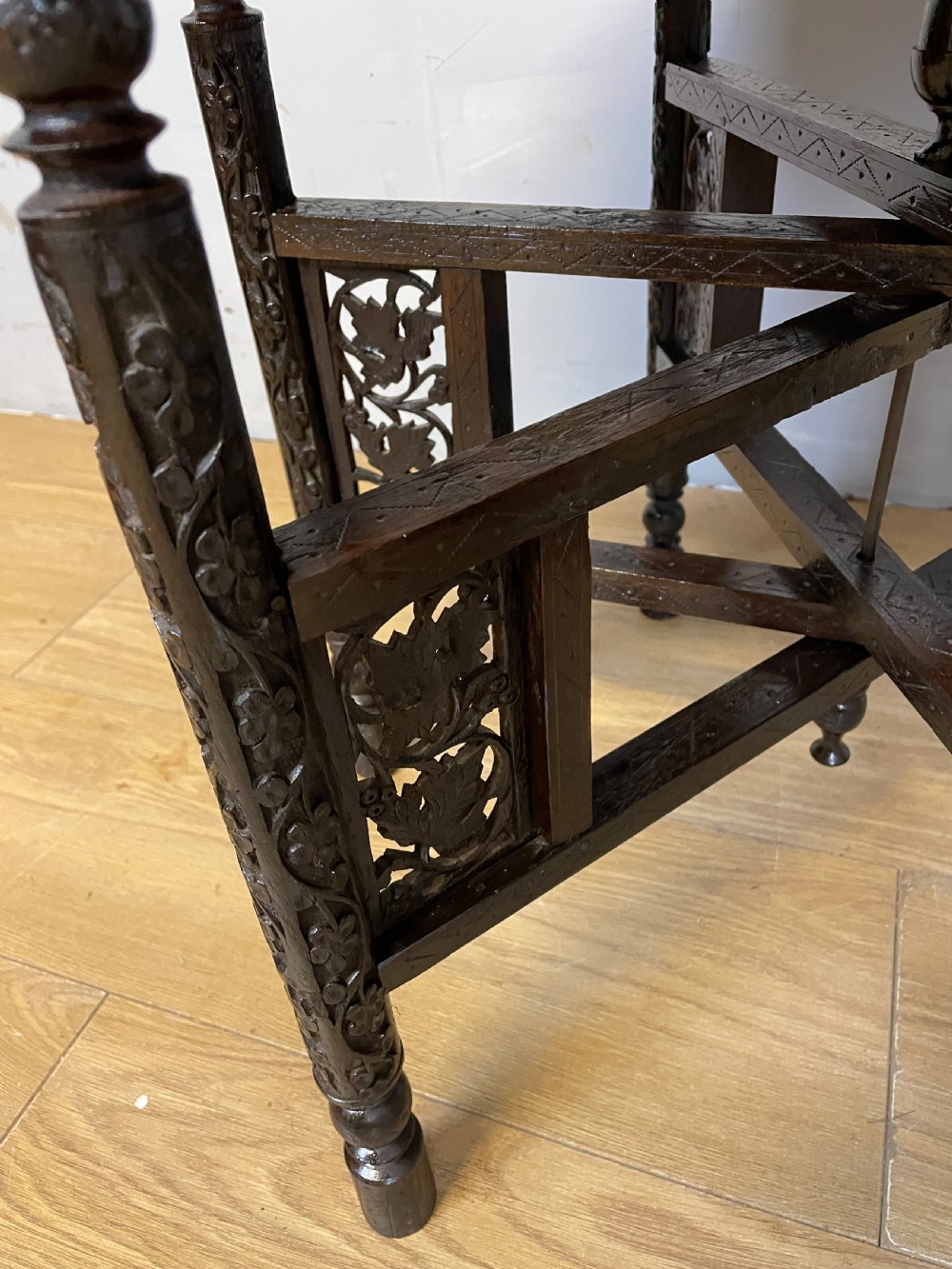 Indian brass and carved hardwood folding table circa 1920 View V