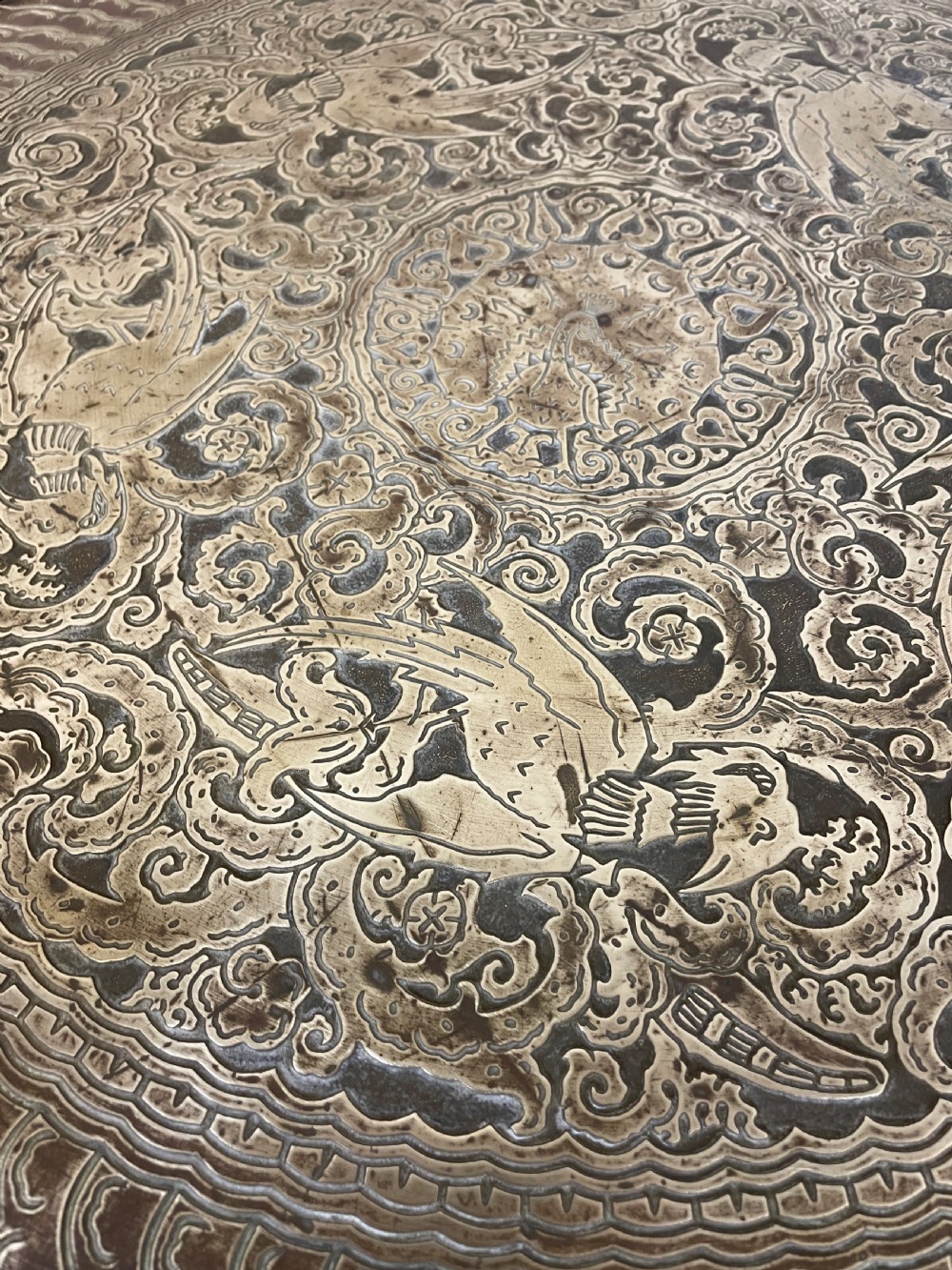 Indian brass and carved hardwood folding table circa 1920 View VI