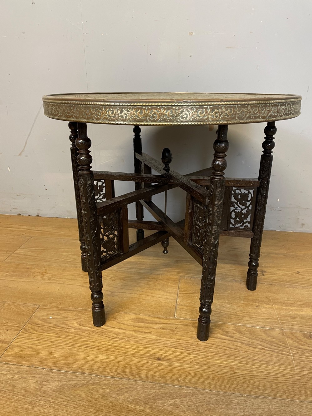 Indian brass and carved hardwood folding table circa 1920 View VII
