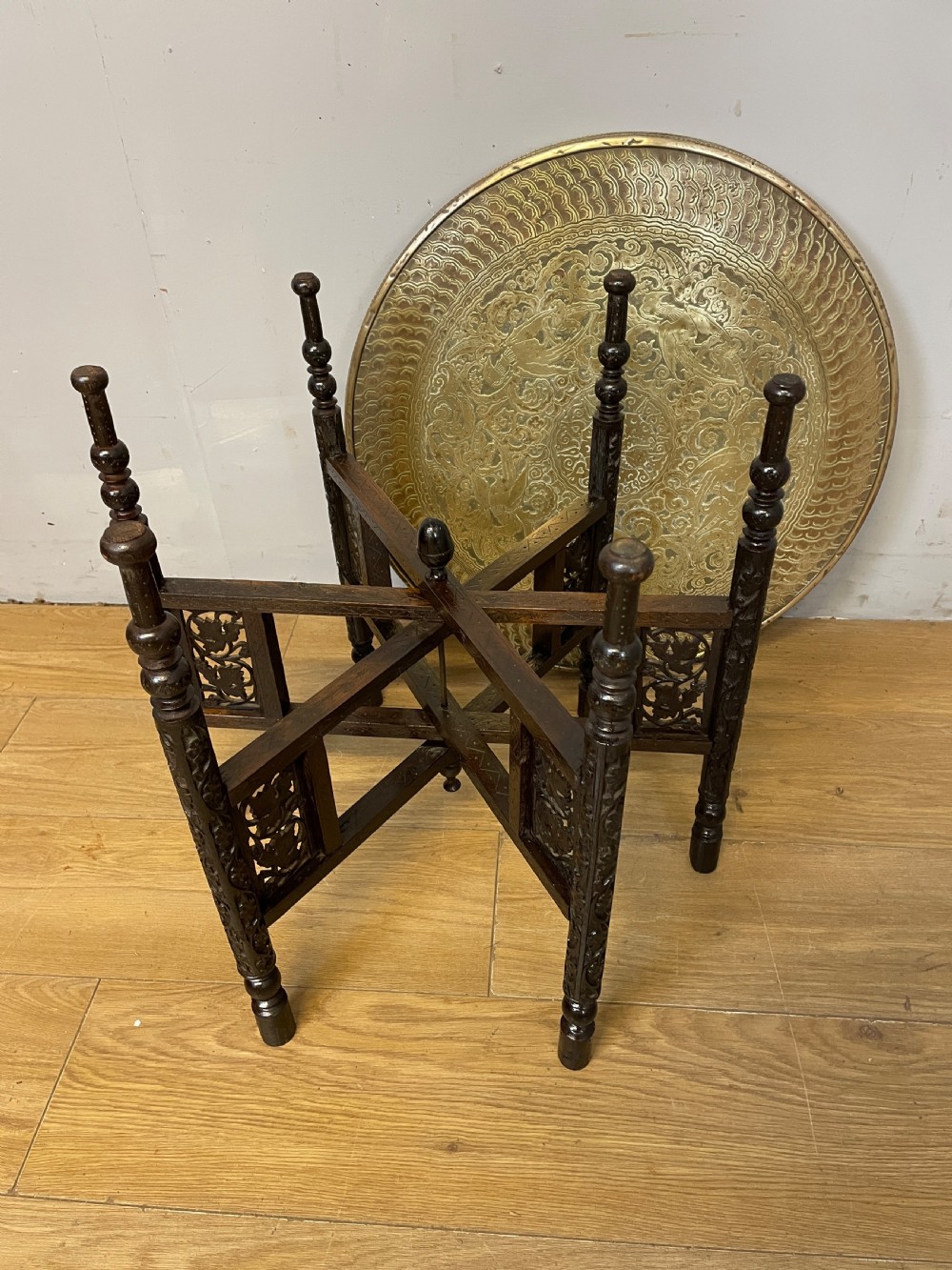 Indian brass and carved hardwood folding table circa 1920 View VIII