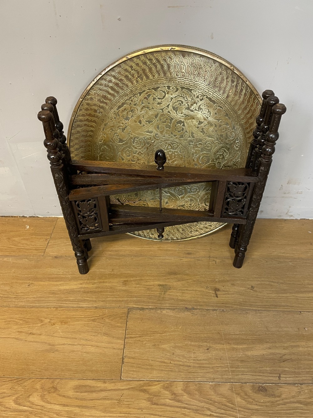 Indian brass and carved hardwood folding table circa 1920 View IX