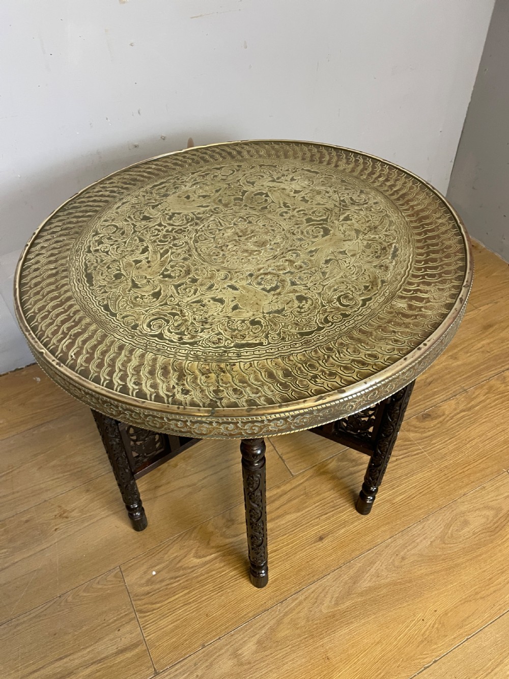 Indian brass and carved hardwood folding table circa 1920 View XI