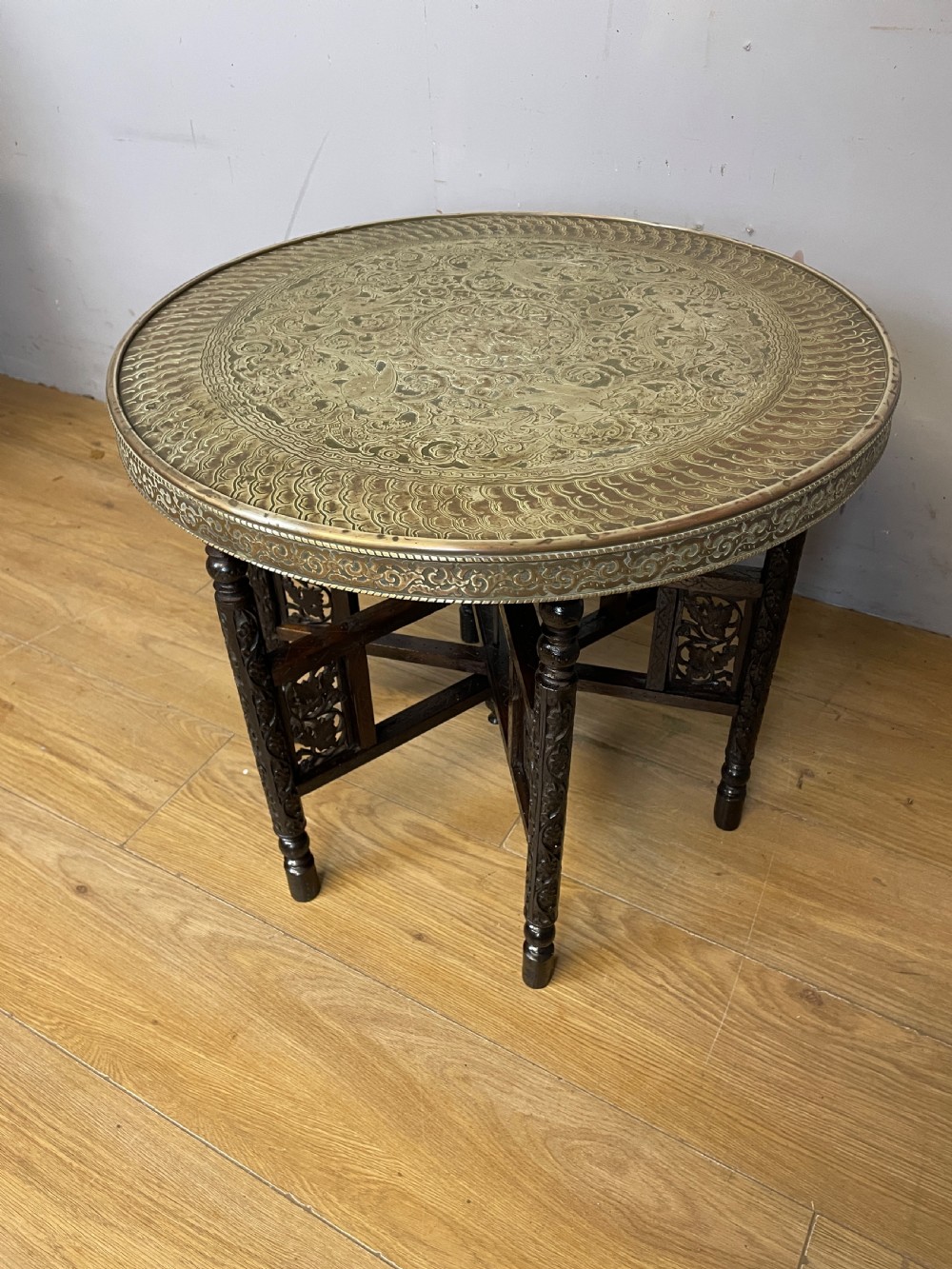 Indian brass and carved hardwood folding table circa 1920 View XII