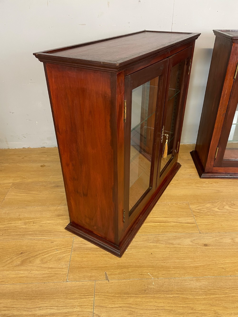 Pair of Edwardian mahogany counter top display cabinets  View X
