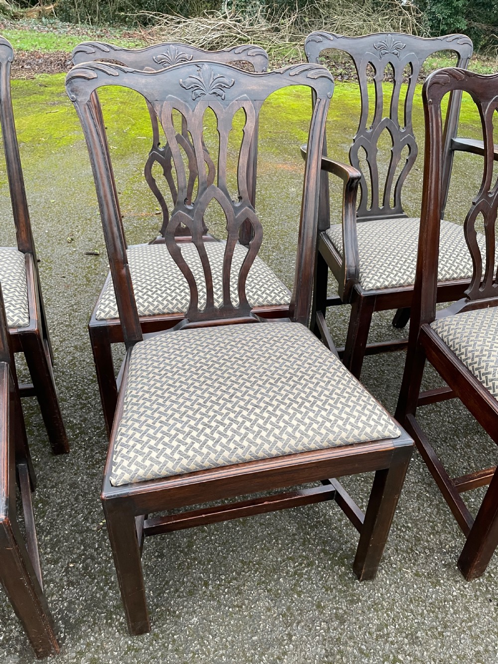 Set of ten C19TH solid mahogany Chippendale style dining chairs  View V