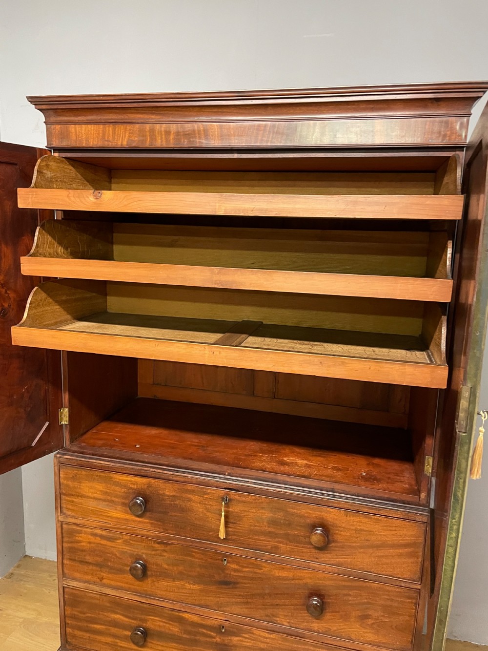 Georgian country house flame mahogany linen press circa 1800 View X
