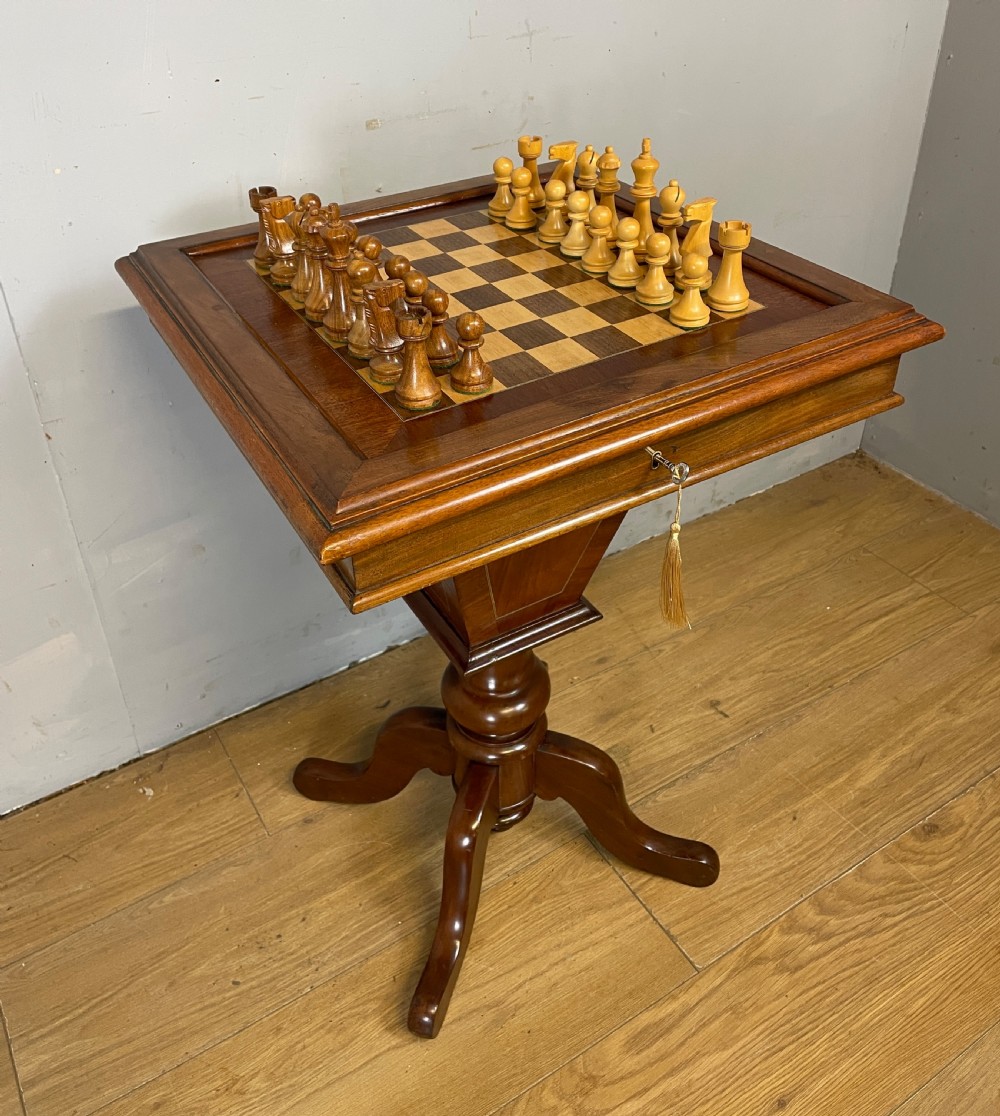 C19TH mahogany chess table with wooden chess set 