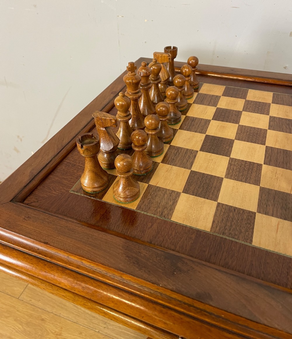 C19TH mahogany chess table with wooden chess set  View II