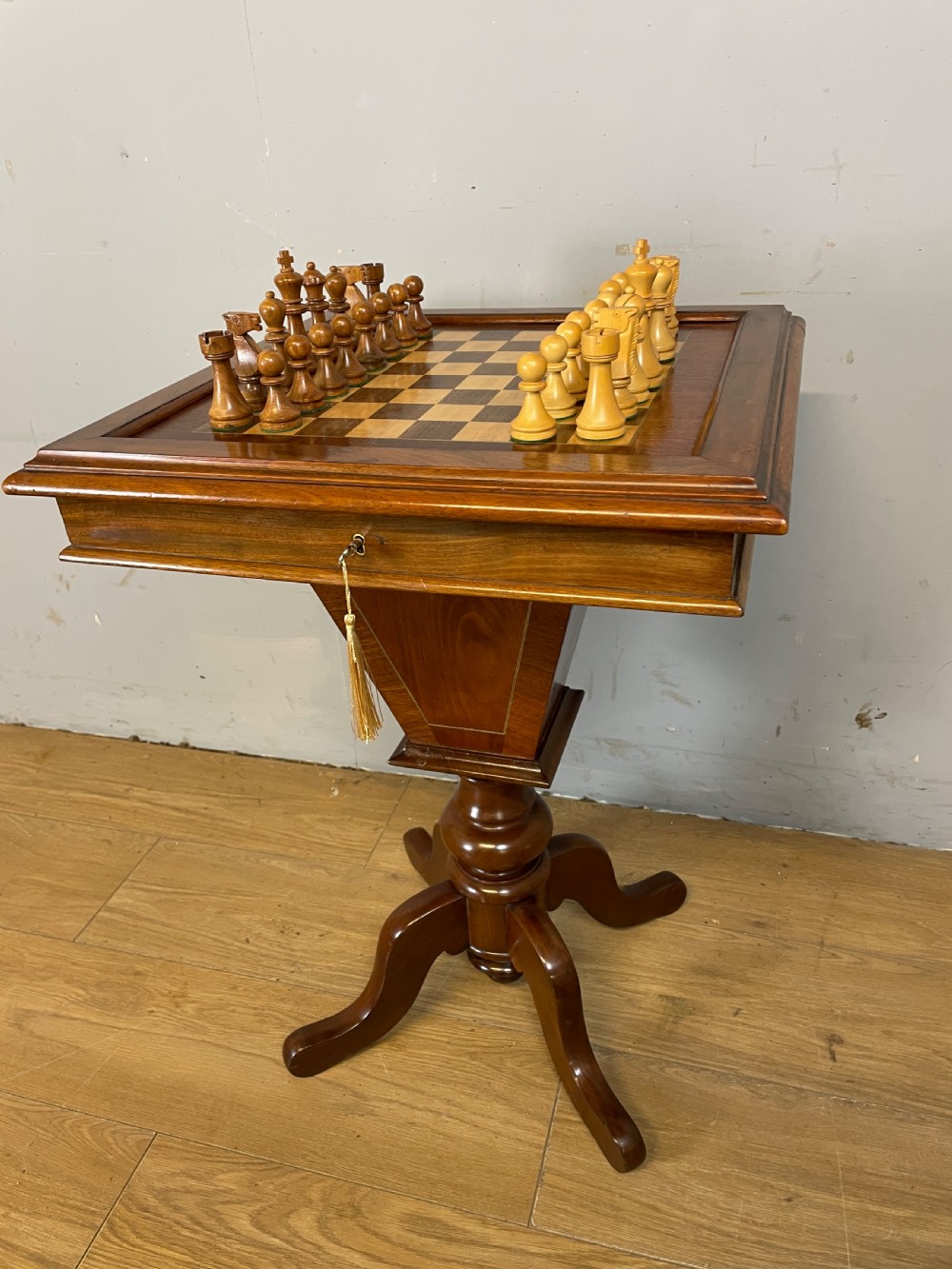 C19TH mahogany chess table with wooden chess set  View III