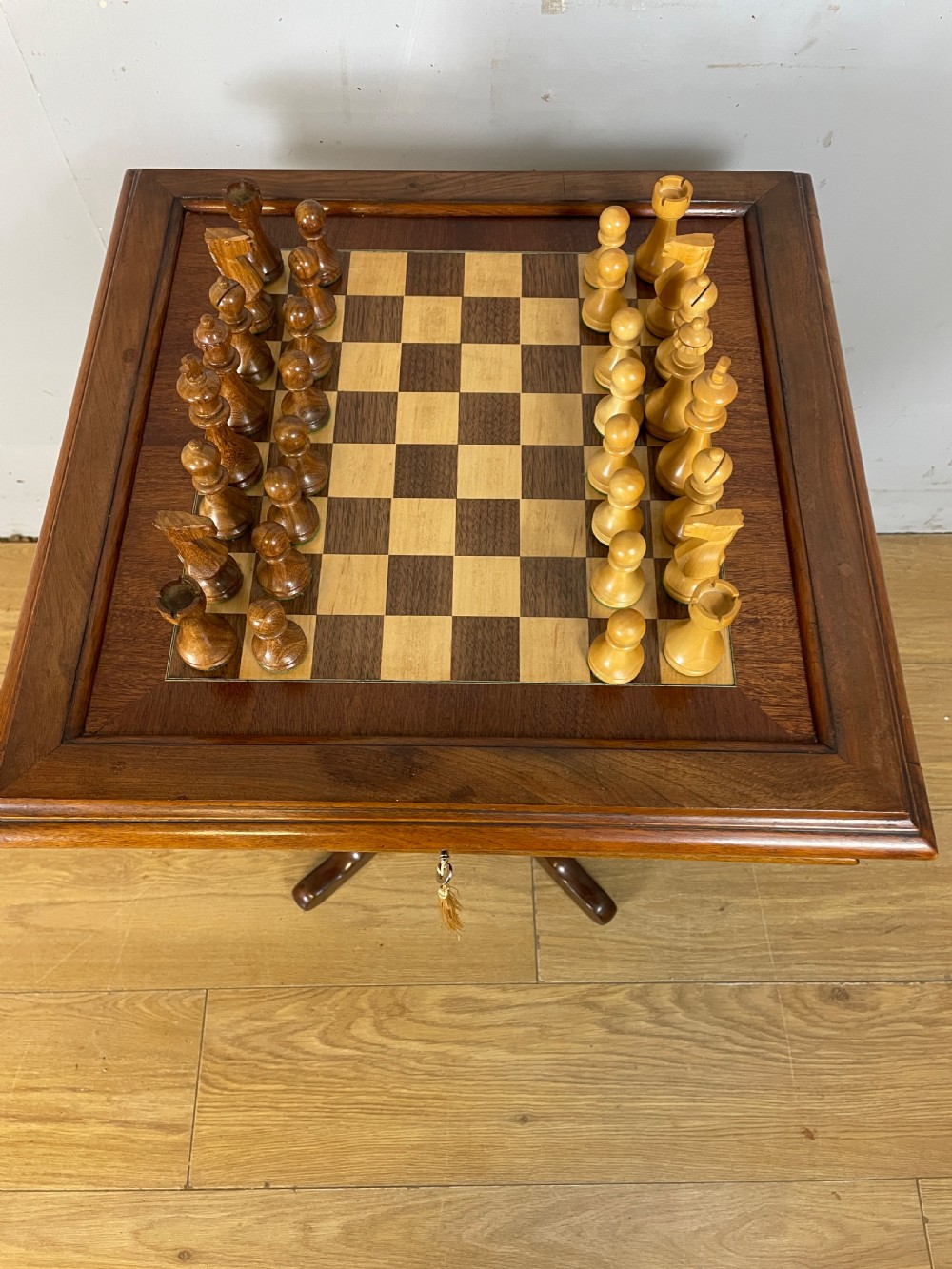 C19TH mahogany chess table with wooden chess set  View VI