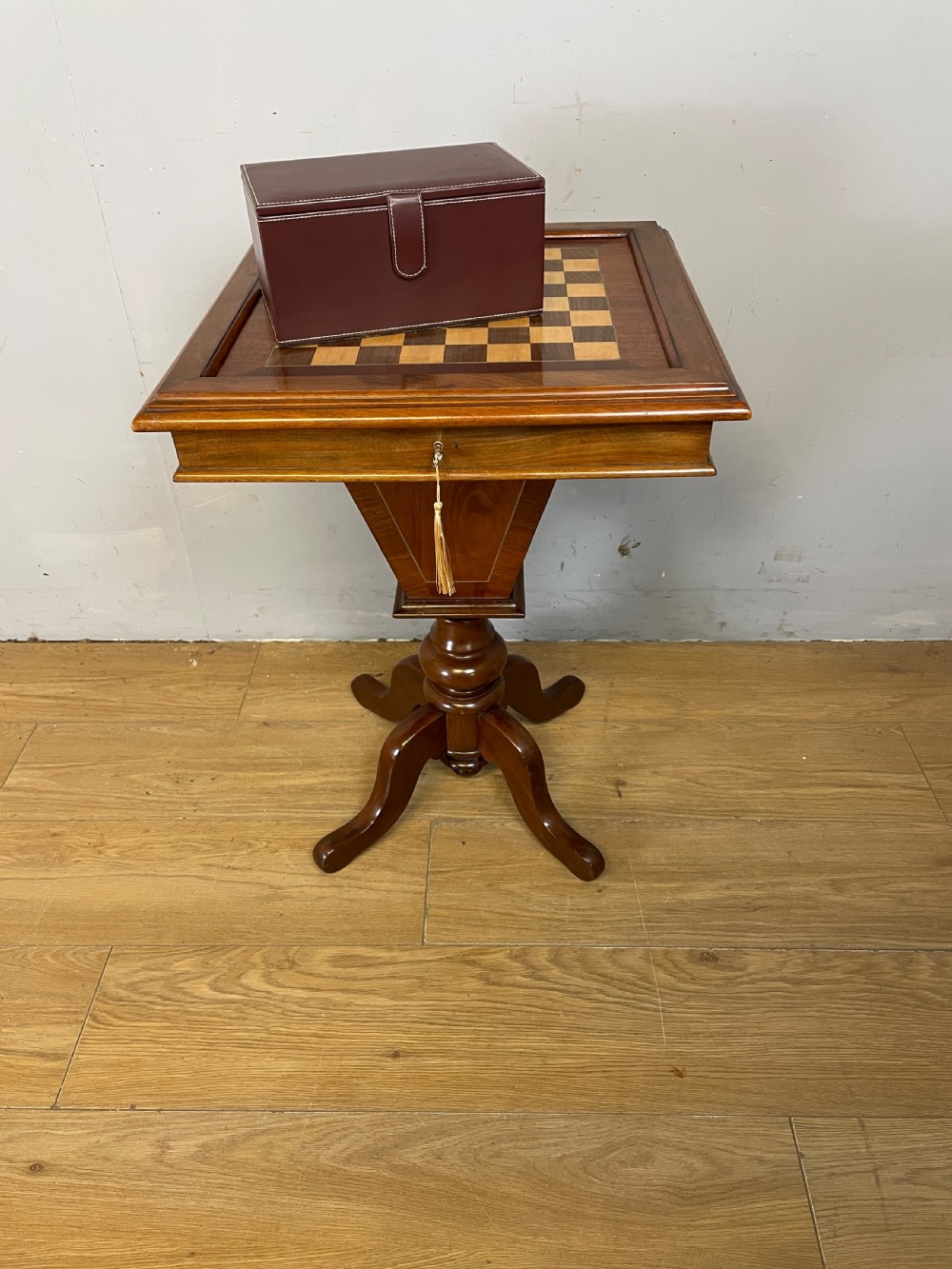 C19TH mahogany chess table with wooden chess set  View X