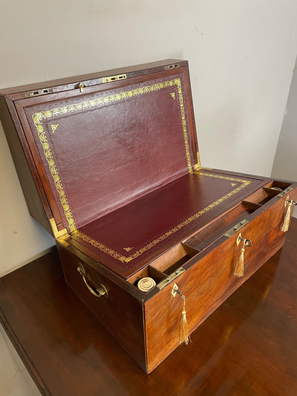 Unusual large mid C19TH flame mahogany writing slope  View IV