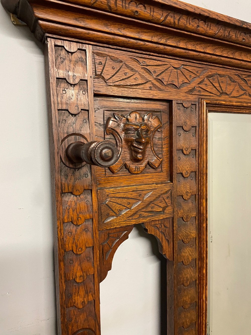 C19TH carved golden oak green man hall stand  View II