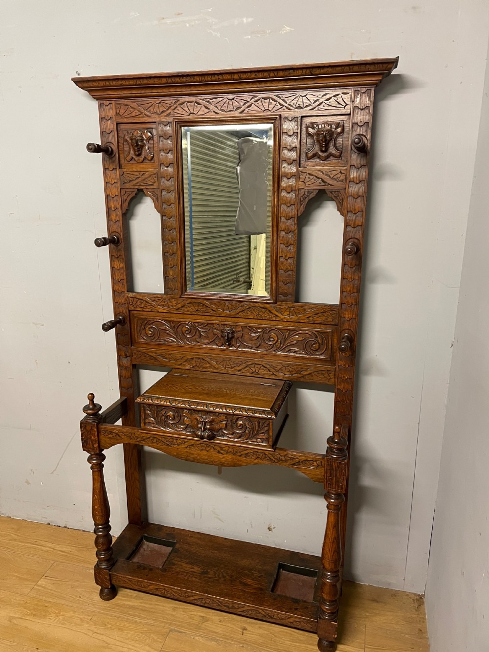 C19TH carved golden oak green man hall stand  View III