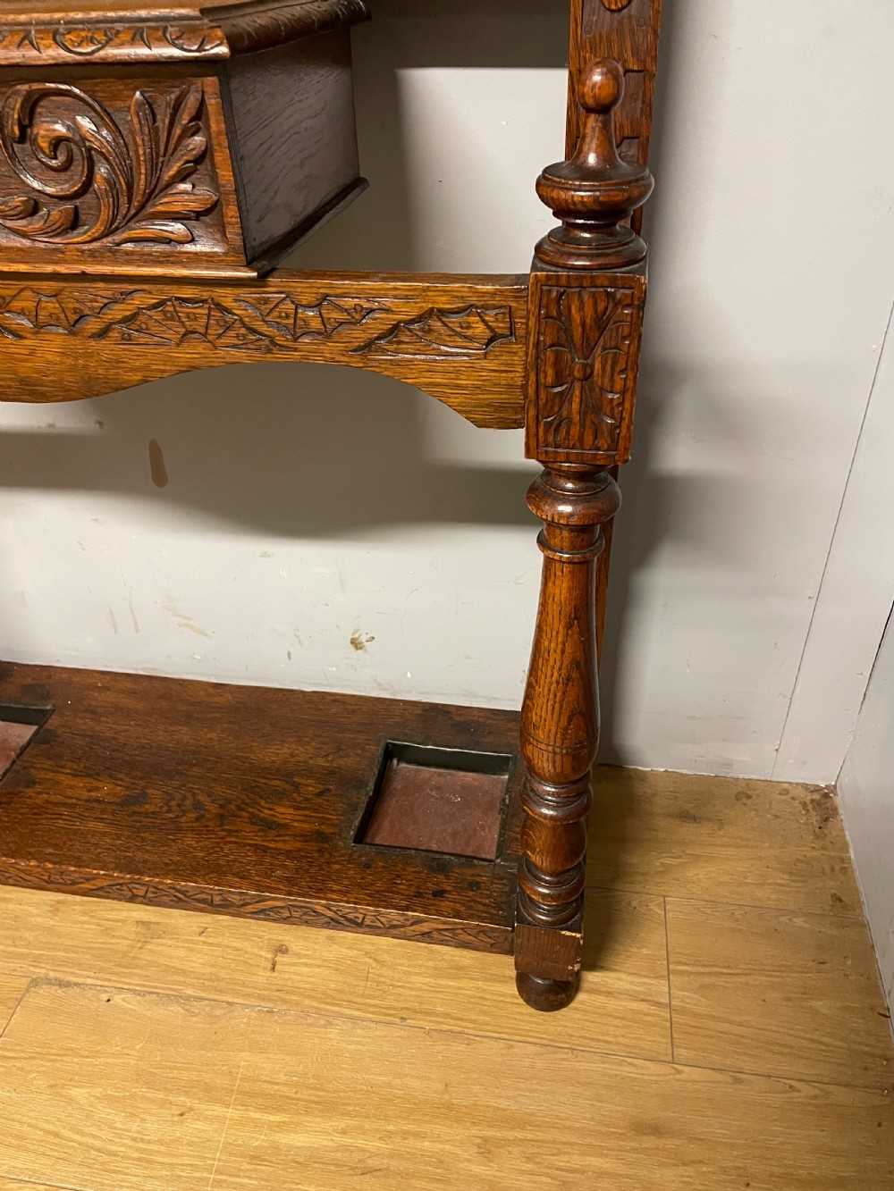 C19TH carved golden oak green man hall stand  View V