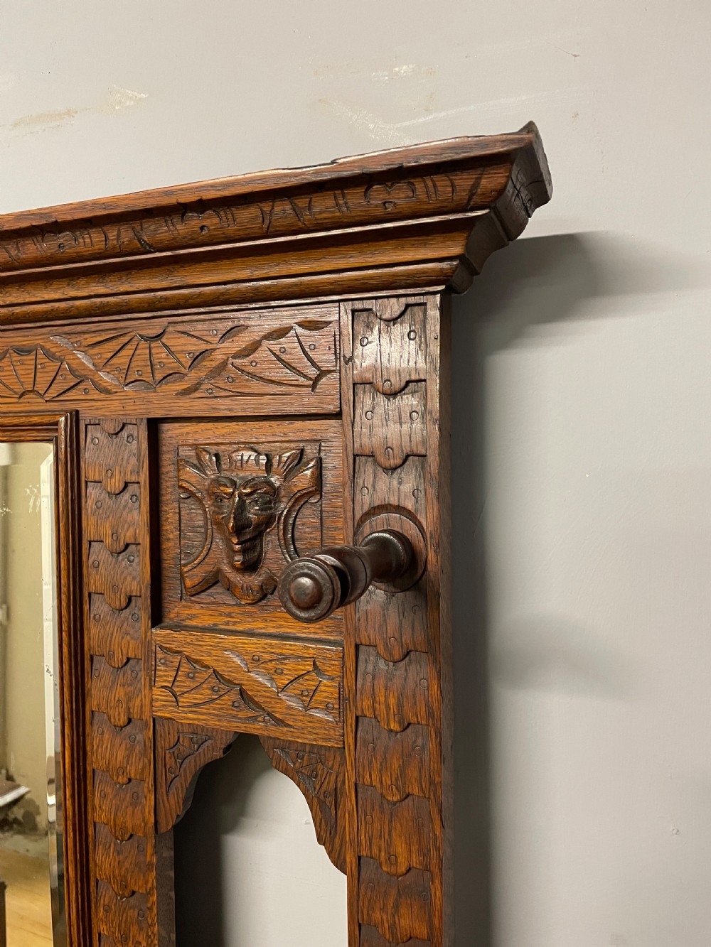 C19TH carved golden oak green man hall stand  View VII