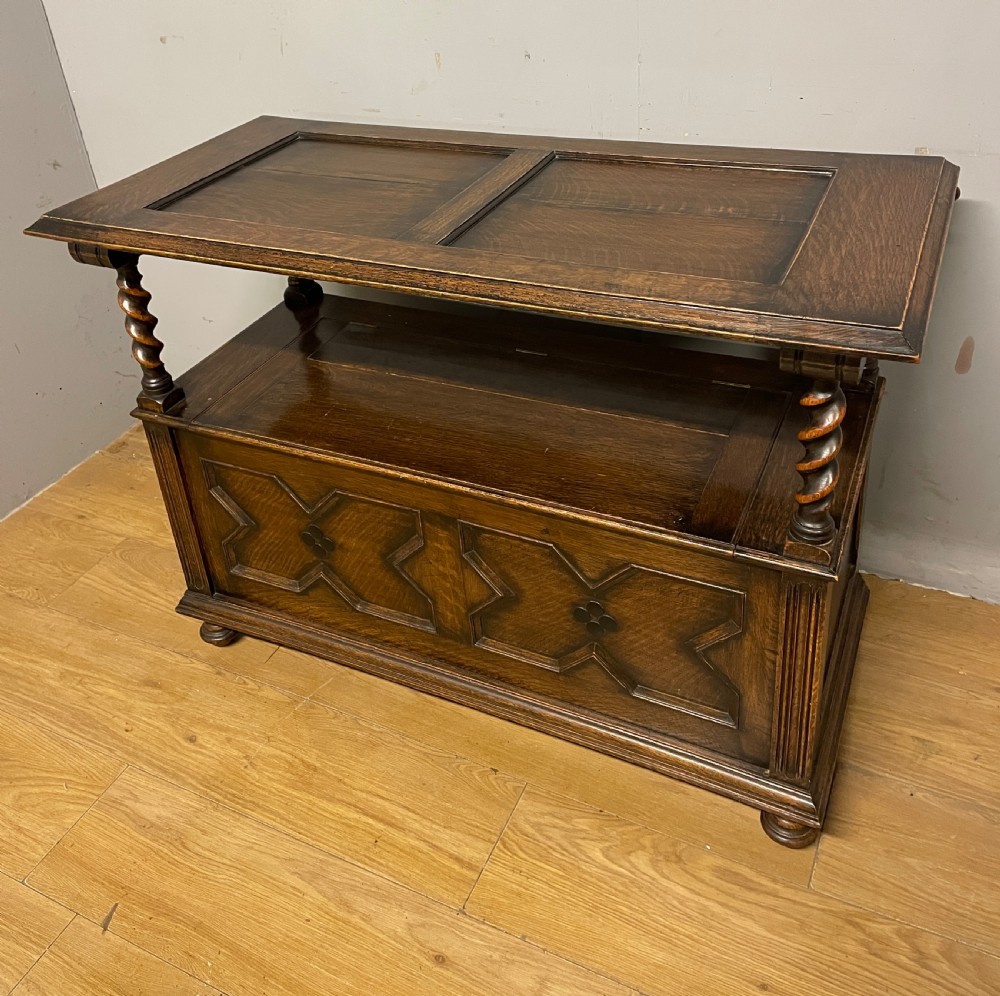 Oak panelled monks bench with barley twist supports circa 1920 View V