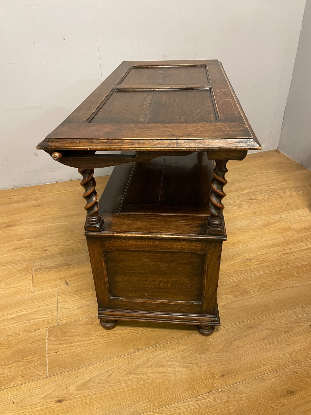 Oak panelled monks bench with barley twist supports circa 1920 View VIII
