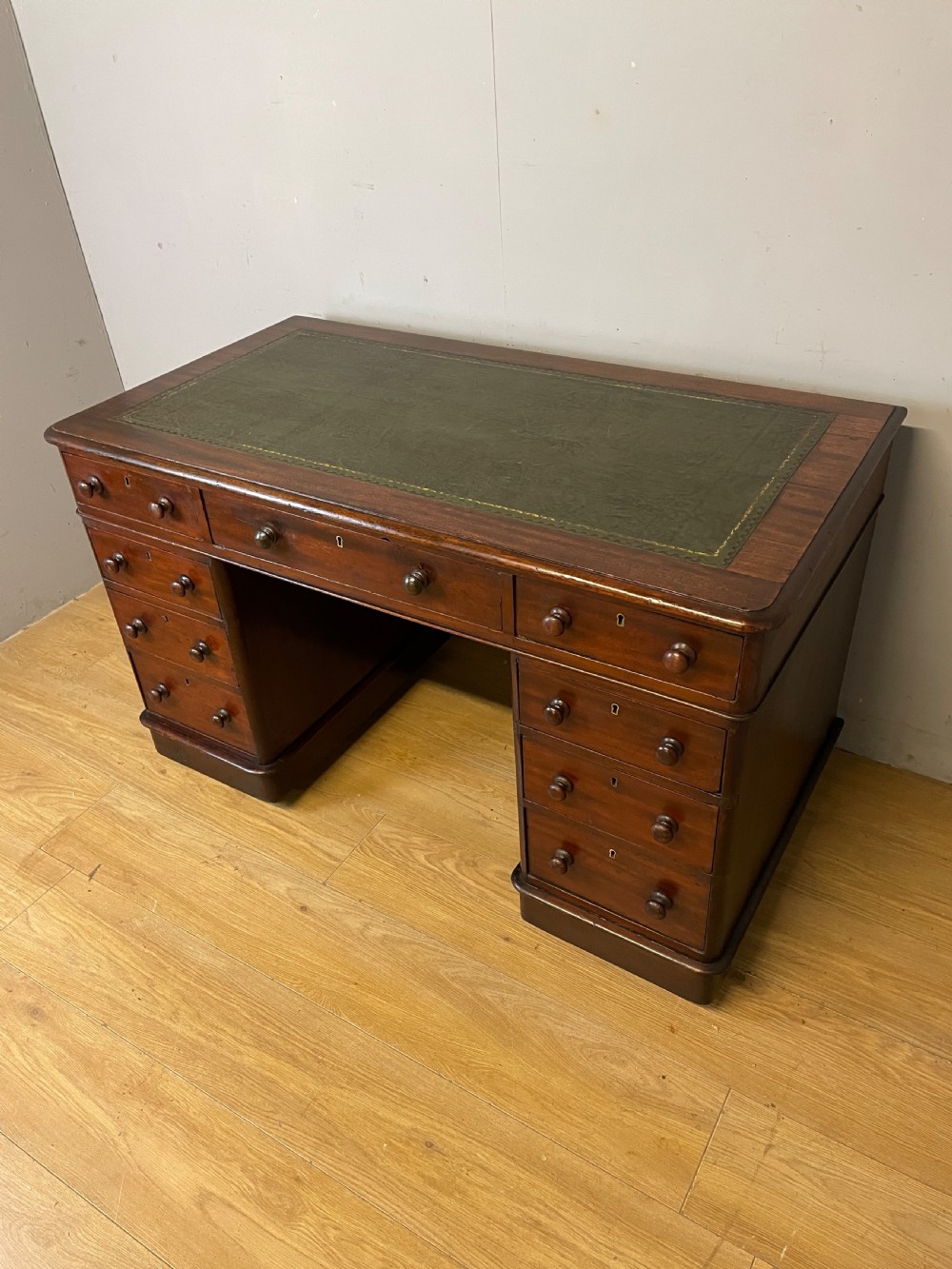 C19TH mahogany three part desk with inset green leather top View II