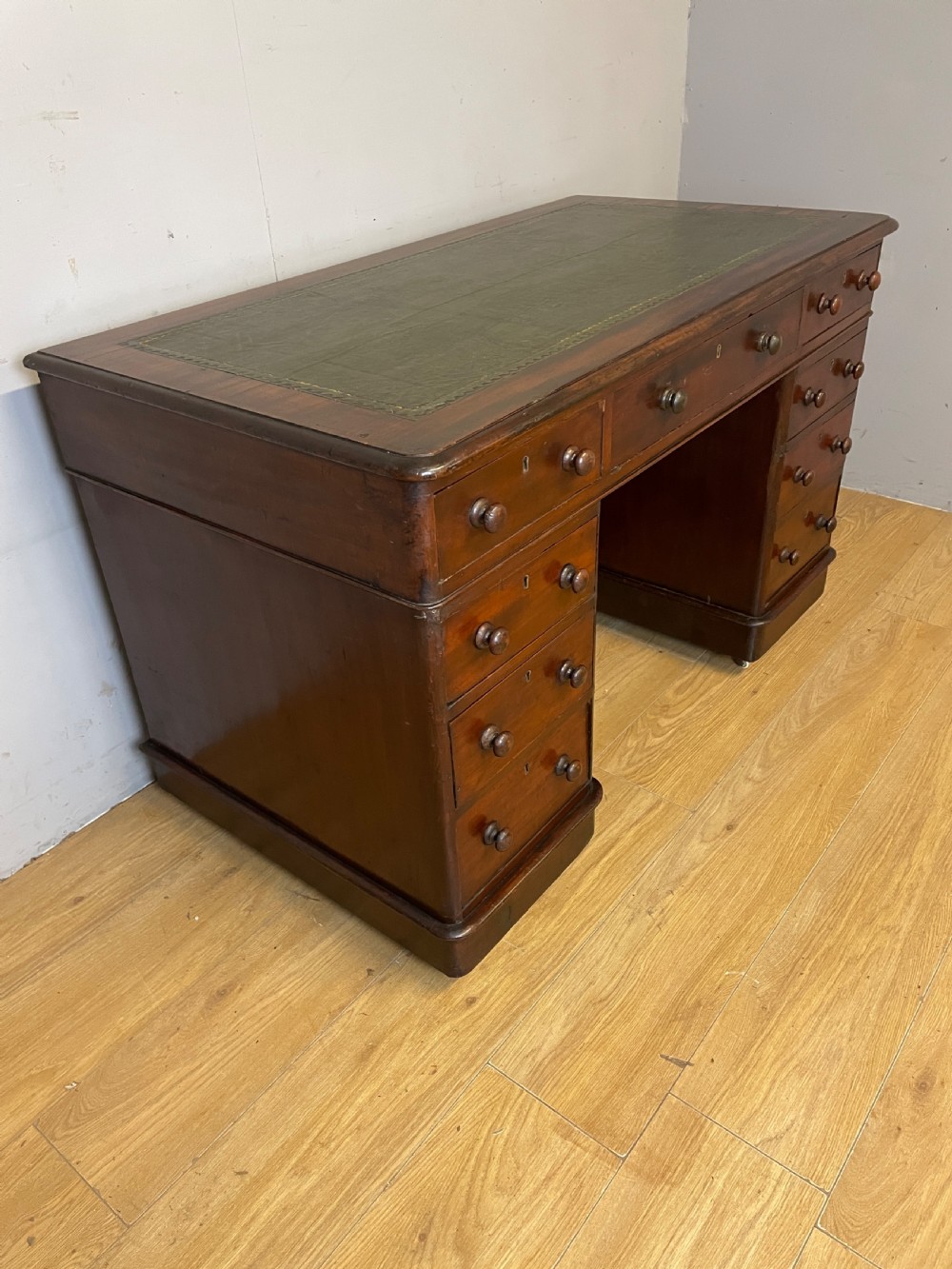 C19TH mahogany three part desk with inset green leather top View IV
