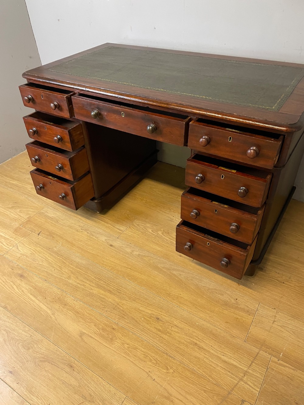 C19TH mahogany three part desk with inset green leather top View V