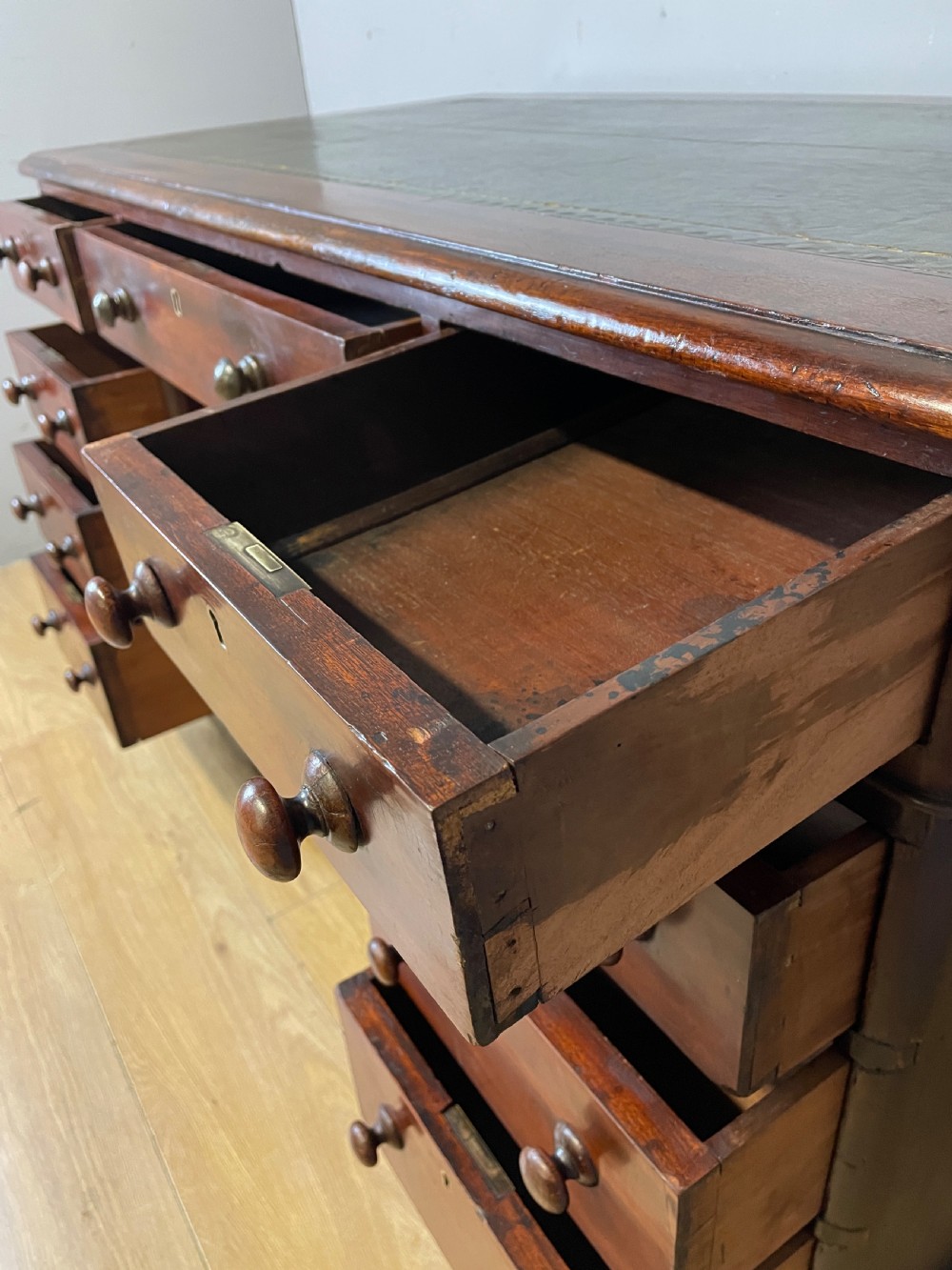 C19TH mahogany three part desk with inset green leather top View VI