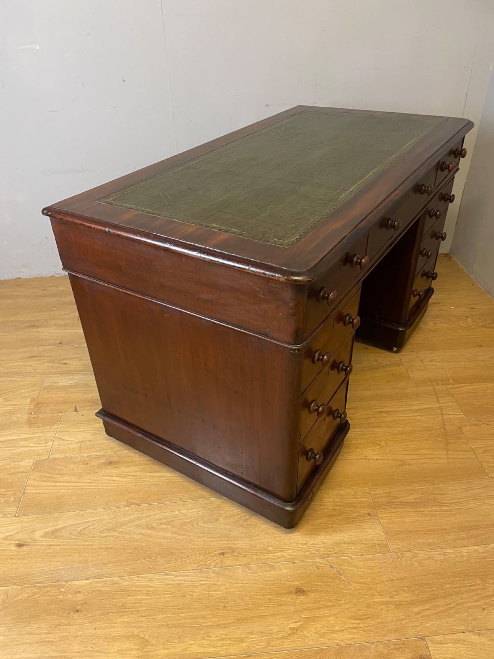 C19TH mahogany three part desk with inset green leather top View VIII
