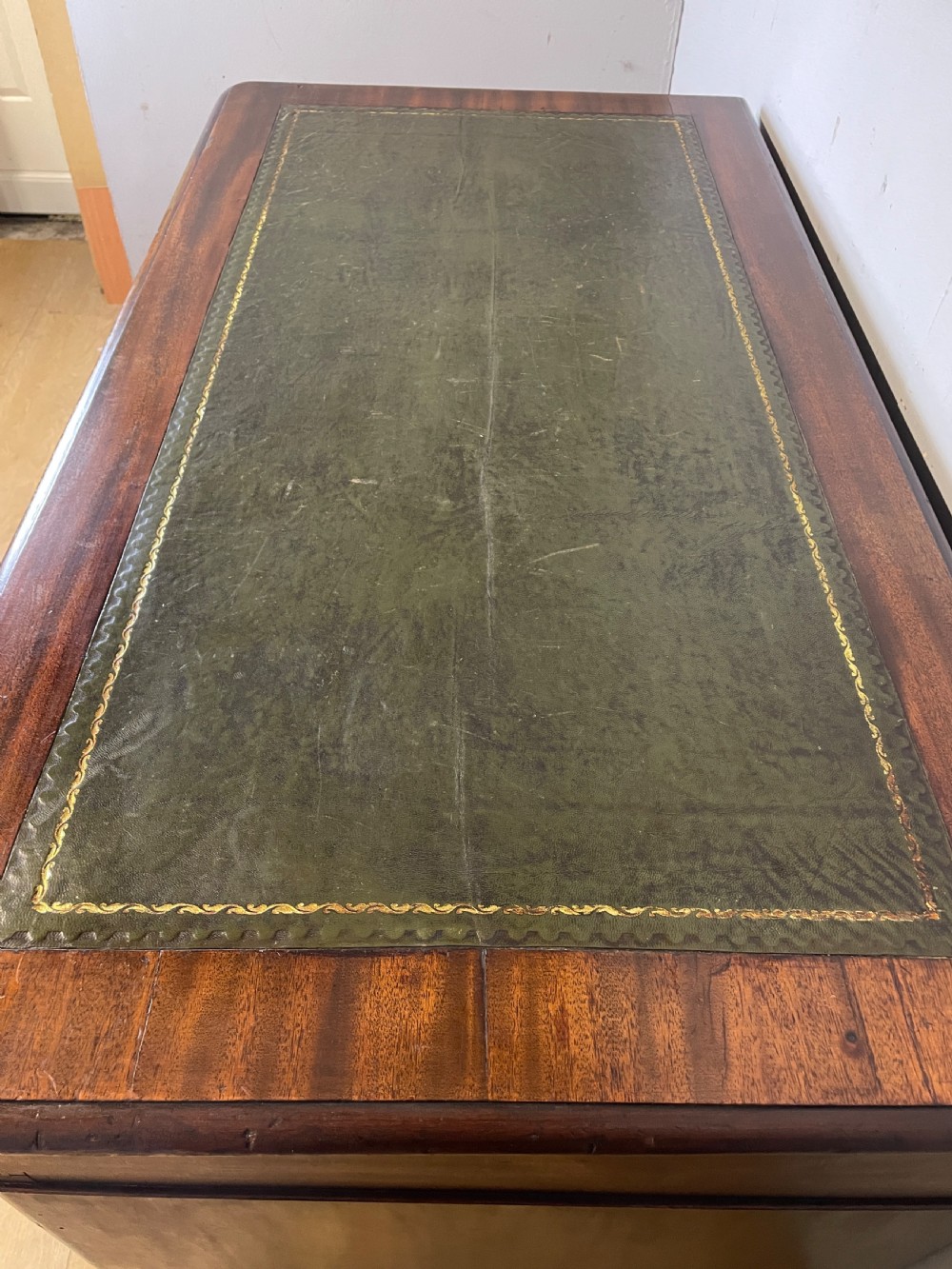 C19TH mahogany three part desk with inset green leather top View X