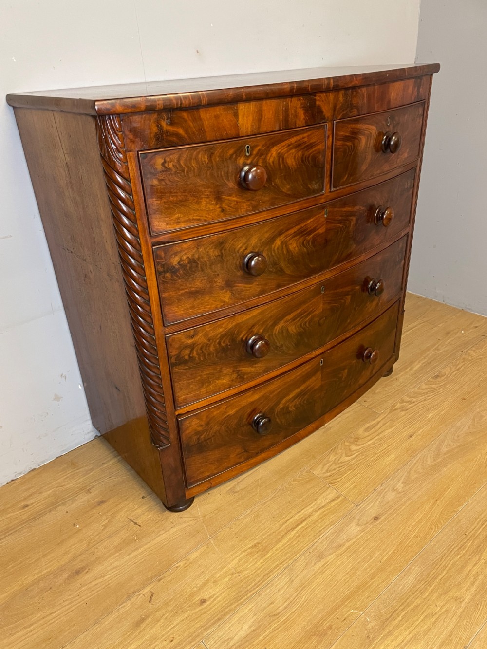 Victorian flame mahogany bow front chest of drawers irca1870