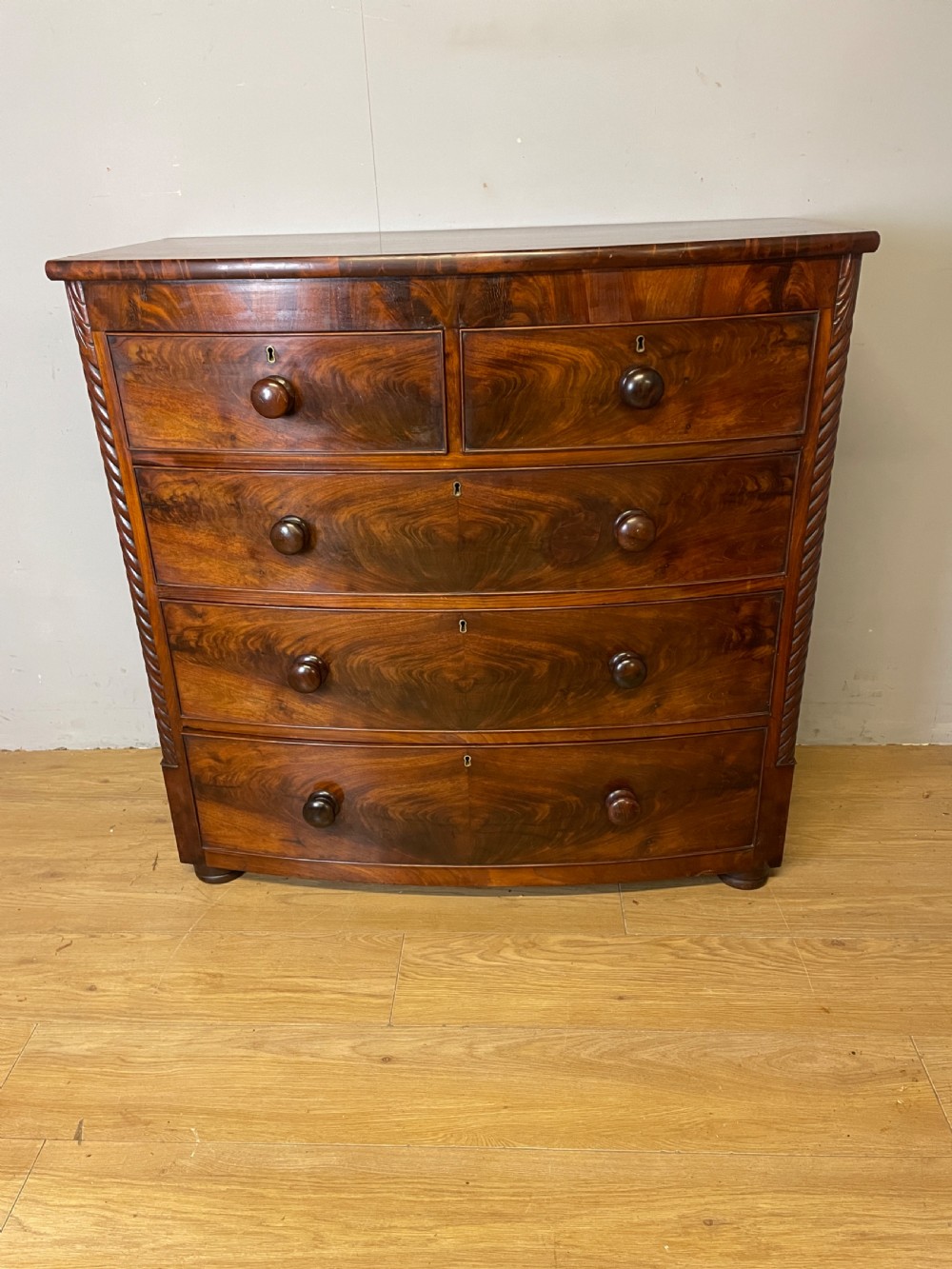 Victorian flame mahogany bow front chest of drawers irca1870 View II