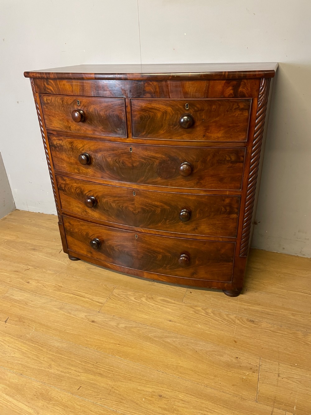 Victorian flame mahogany bow front chest of drawers irca1870 View III