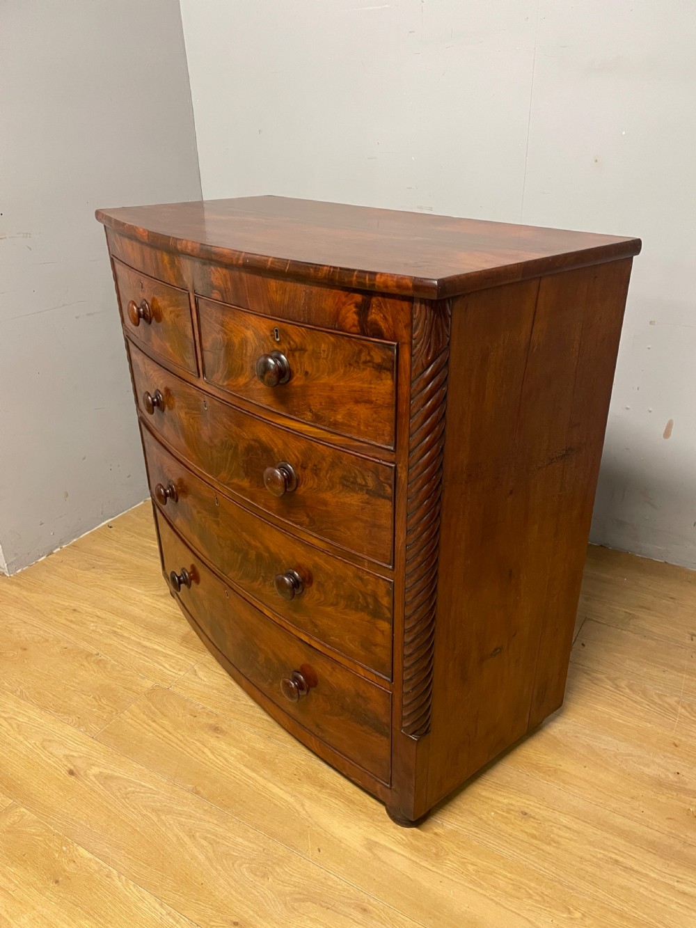 Victorian flame mahogany bow front chest of drawers irca1870 View X