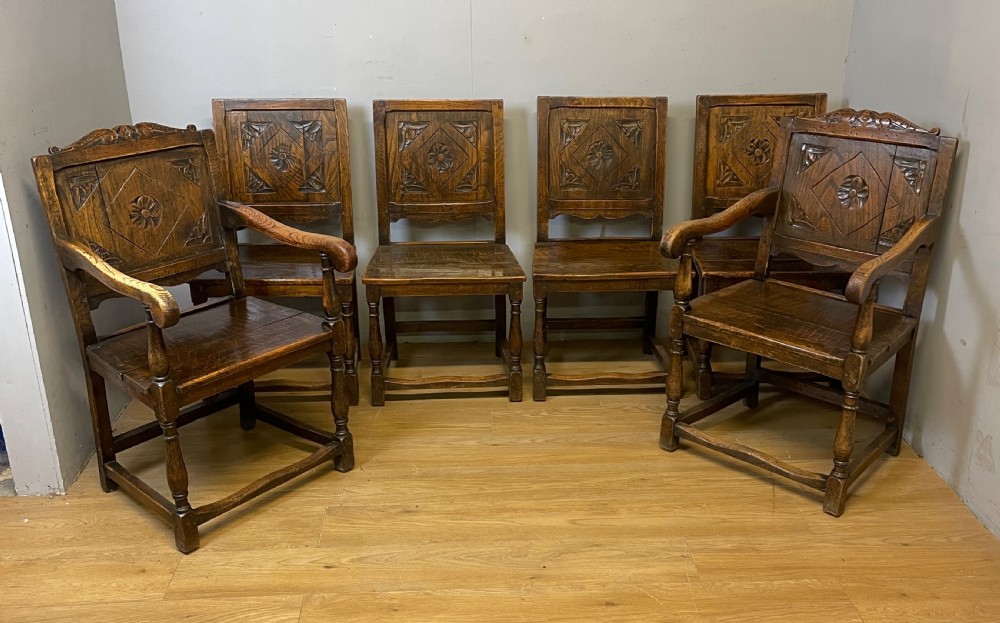 Edwardian set of six oak Jacobean style dining chairs 